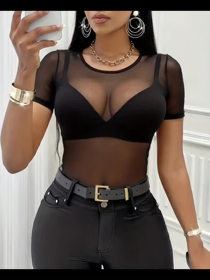 Women's Sheer Round Neck Short Sleeve Blouse Top - Sexy Semi-Sheer Translucent Shirt with Medium Stretch, Solid Color Suitable for Valentine's Day, Daily Wear, Spring Summer Fall Outfits (Machine Washable)