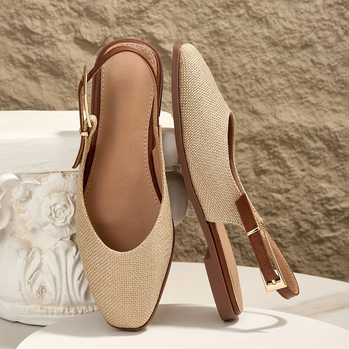 Linen Square Toe Soft Sole, Shallow Mouth Metal Buckle Women'S Flat Sandals, Women Shoes