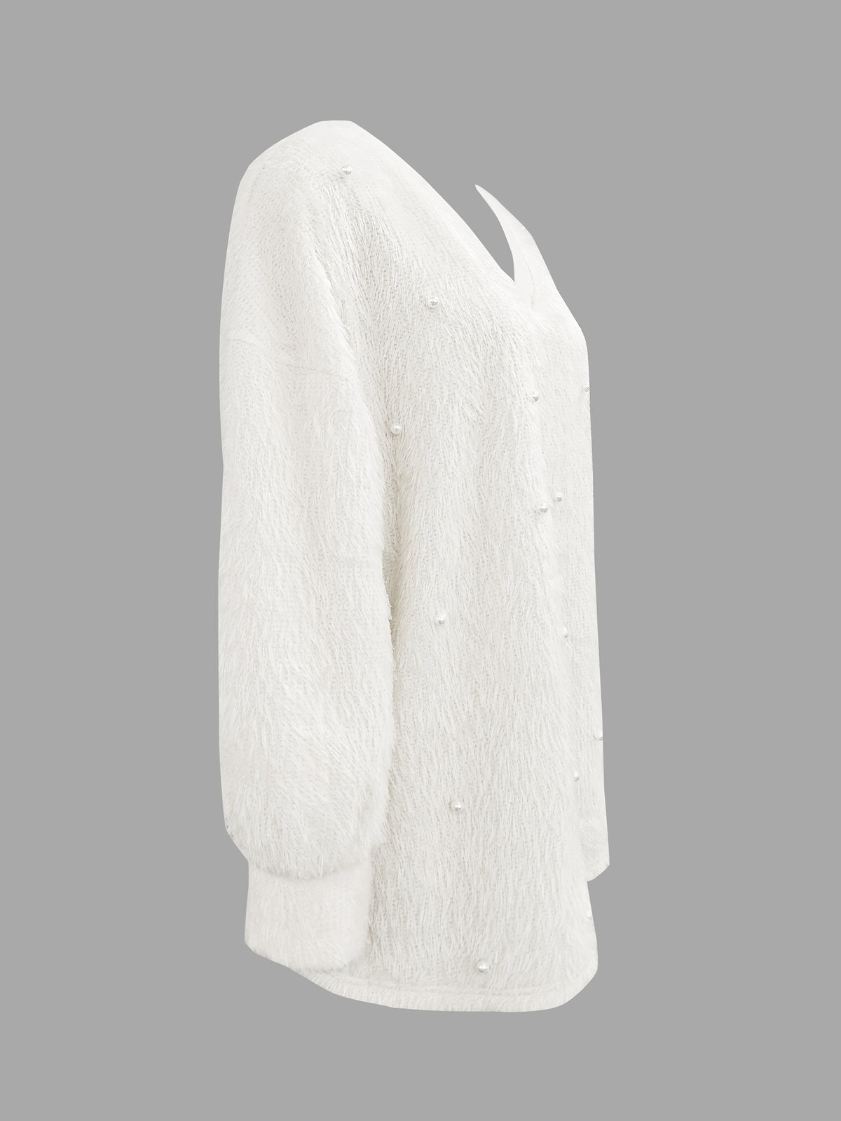Fashion Solid Color V-Neck Beaded Pullover Casual Loose Long Sleeve Top