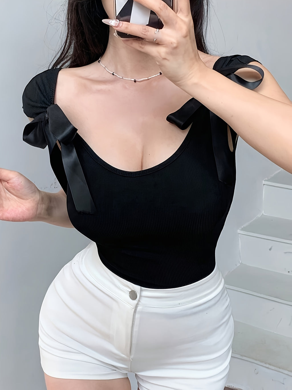 Lin Zuojia Women's Bow Strap Backless T-Shirt - Short Sleeve Round Neck Bow Accent Top, Medium Stretch Fitted Blouse for Spring Summer Fall Layering, Solid Color Casual Wear, Machine Washable Backless Shirt