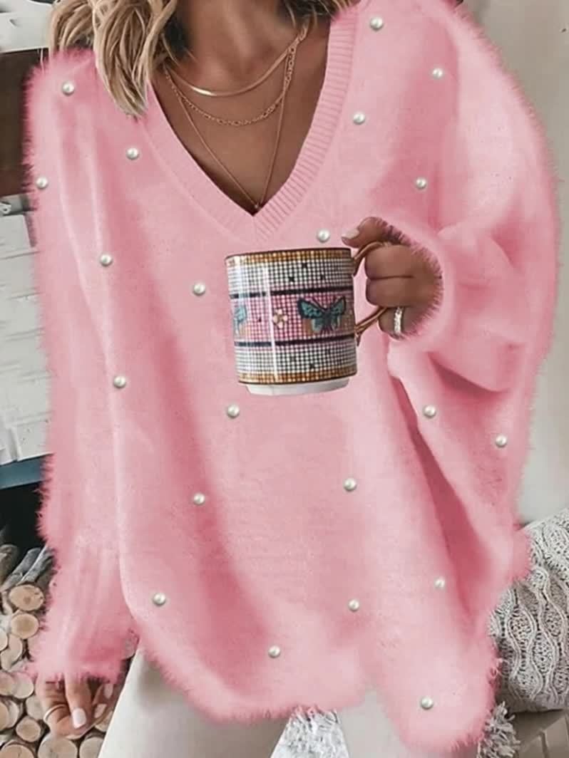 Fashion Solid Color V-Neck Beaded Pullover Casual Loose Long Sleeve Top