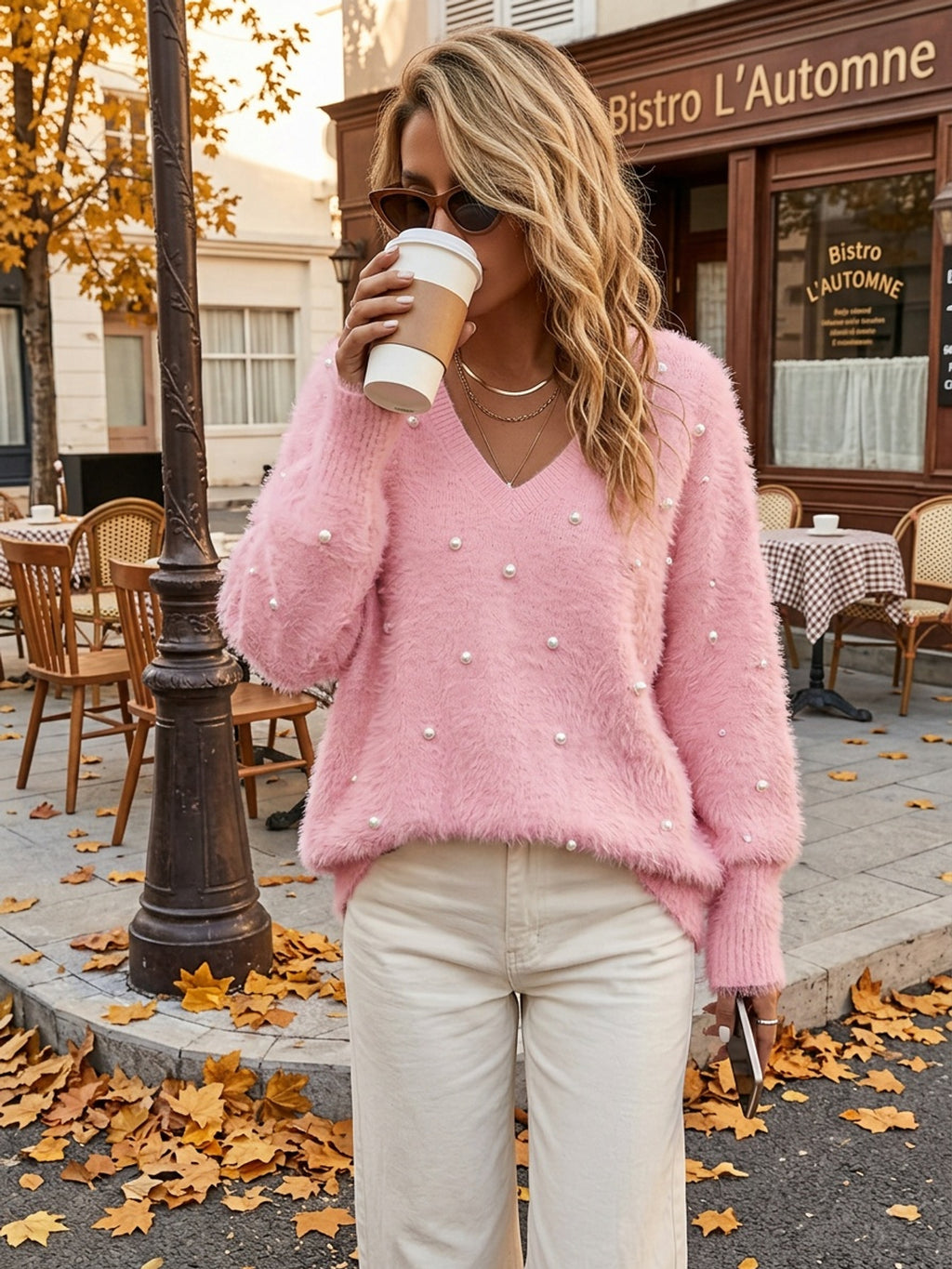 Fashion Solid Color V-Neck Beaded Pullover Casual Loose Long Sleeve Top