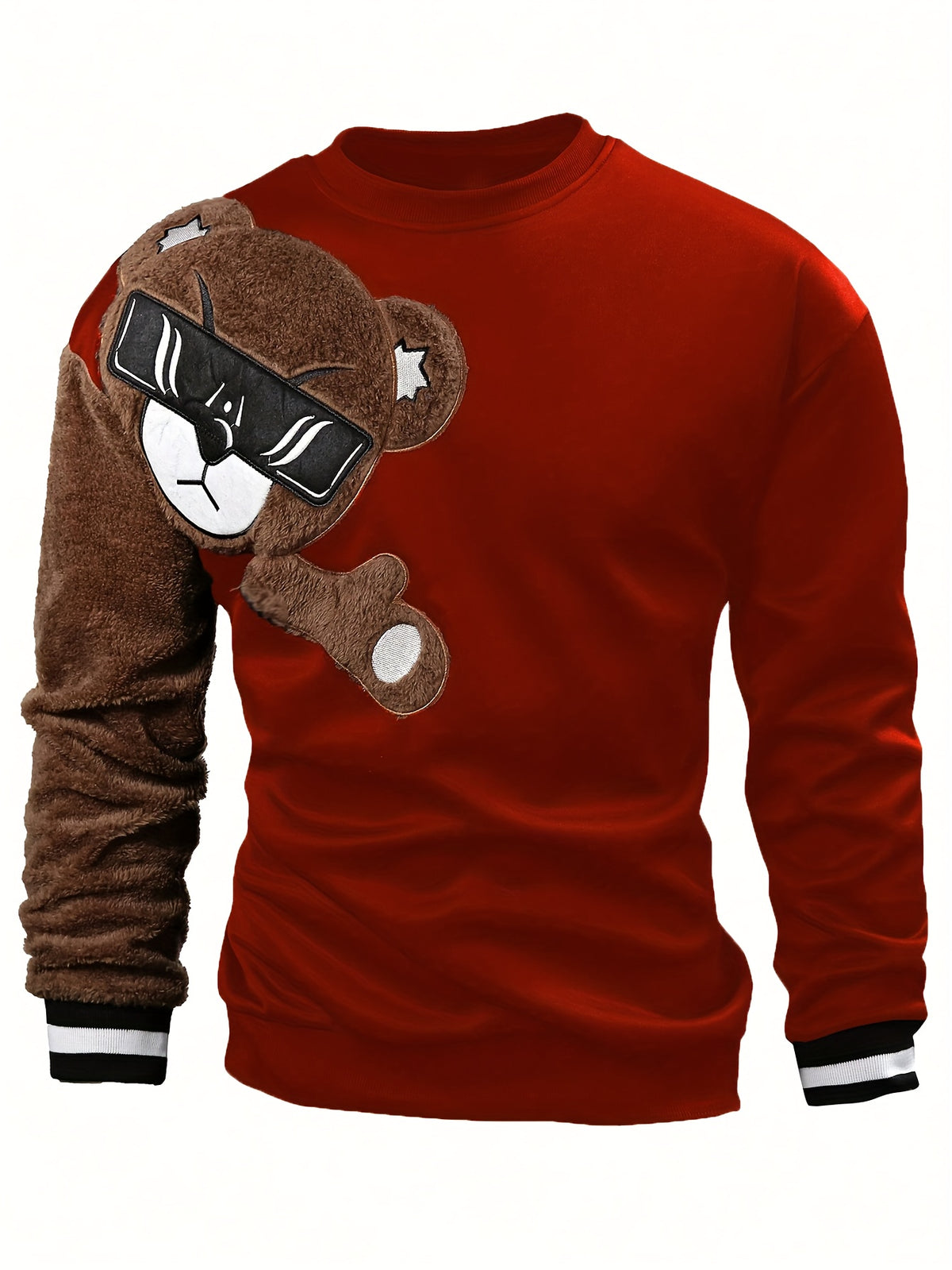 Men'S Fashion Cartoon Bear Long Sleeve Pullover Creative Plush Spliced Casual Sweatshirt