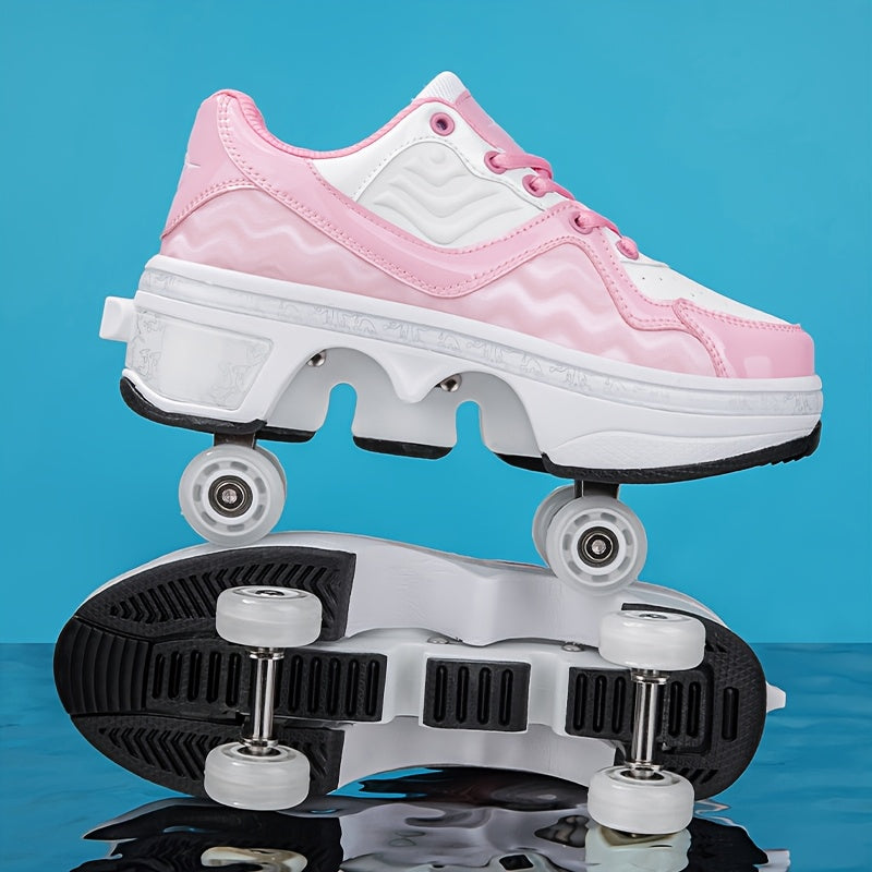 Women'S Casual Sneakers, Lightweight Roller Skates, with Removable Wheels, Suitable for And, Four Seasons Outdoor Fun, Durable PU Material, Women Shoes