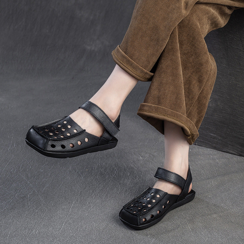 Retro Hollow Square Toe Hook-And-Loop Sandals Women'S First Layer Cowhide Genuine Leather Soft Sole Loafer Single Shoes Breathable Beef Tendon Sole Design Daily Commute, Shopping And Travel, Women Shoes
