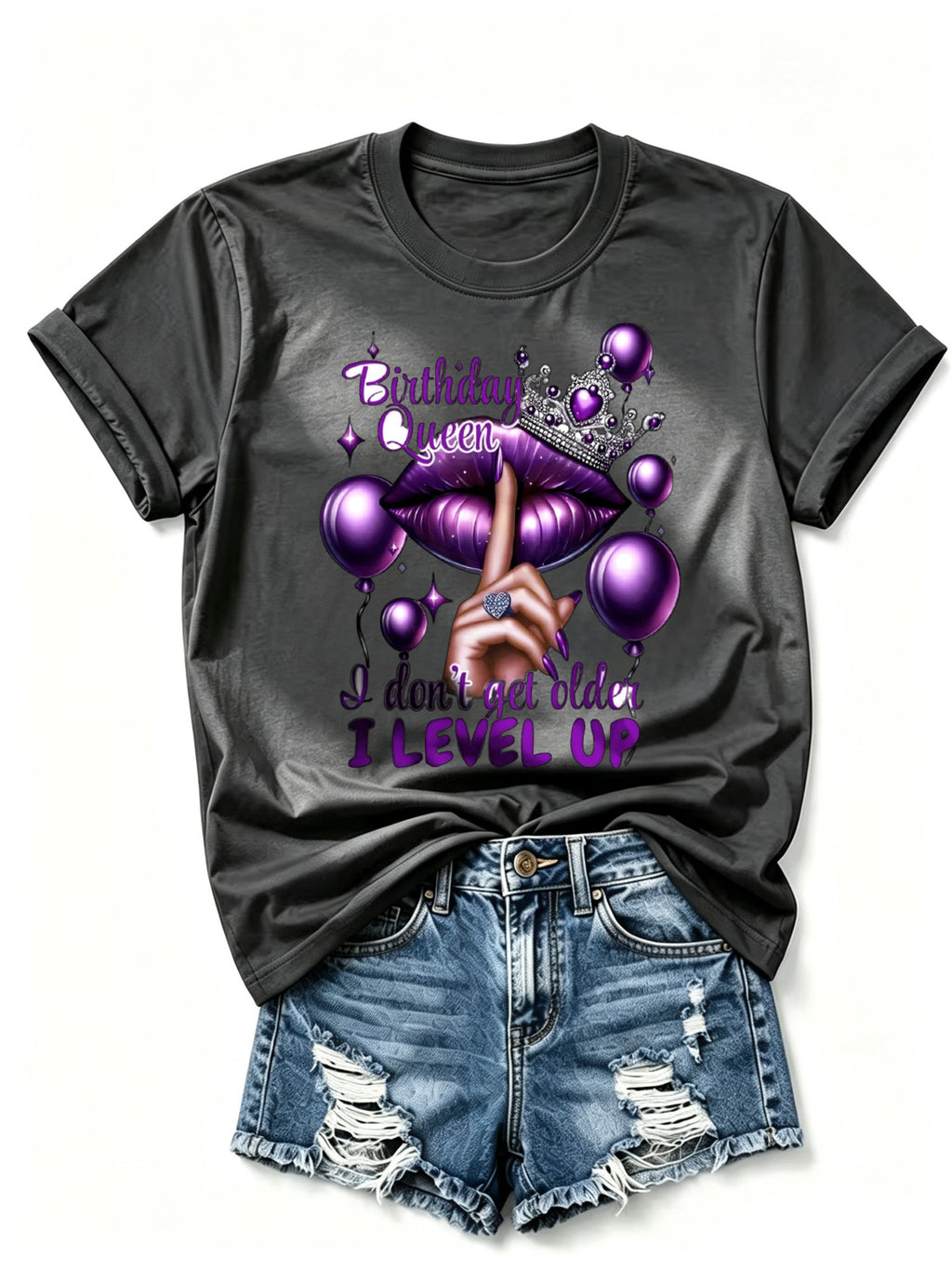 Fun Birthday Queen T Shirt 'I Don'T Age I Upgrade' Slogan with Crown And Lip Print Loose Version Short Sleeve Crew Neck Stretch Medium Fabric Machine Washable Casual Top Perfect for Casual Retro Casual Round Neck Printed T-shirt