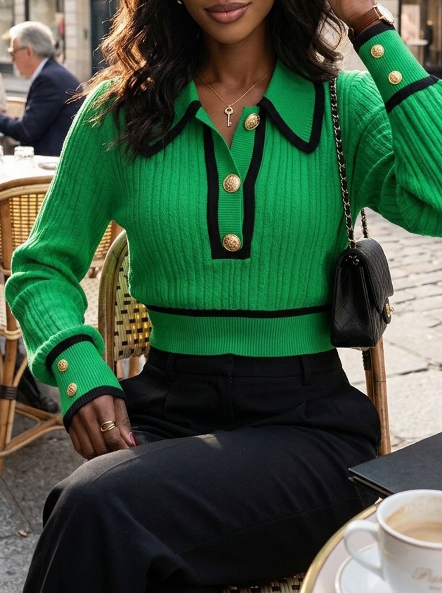 Women's Pullover Sweater for Autumn/Winter, Can Be Worn as an Inner or Outer Layer, Comfortable, Elegant, and Features a Spicy Design with a Spliced Lapel and Exquisite Metal Buttons. Suitable for Commuting, Dates, and Valentine's Day