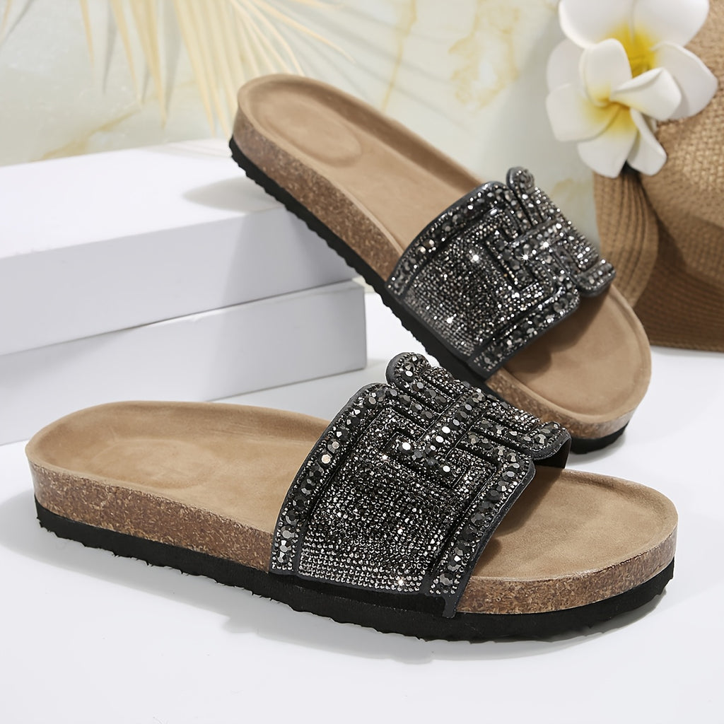Women'S Flat Sandals Summer New Fashion Comfortable Foreign Trade Plus Size Outdoor Elegant Rhinestone All-Match Lightweight Flat Casual Beach Open-Toe Thick Sole Slippers, Women Shoes