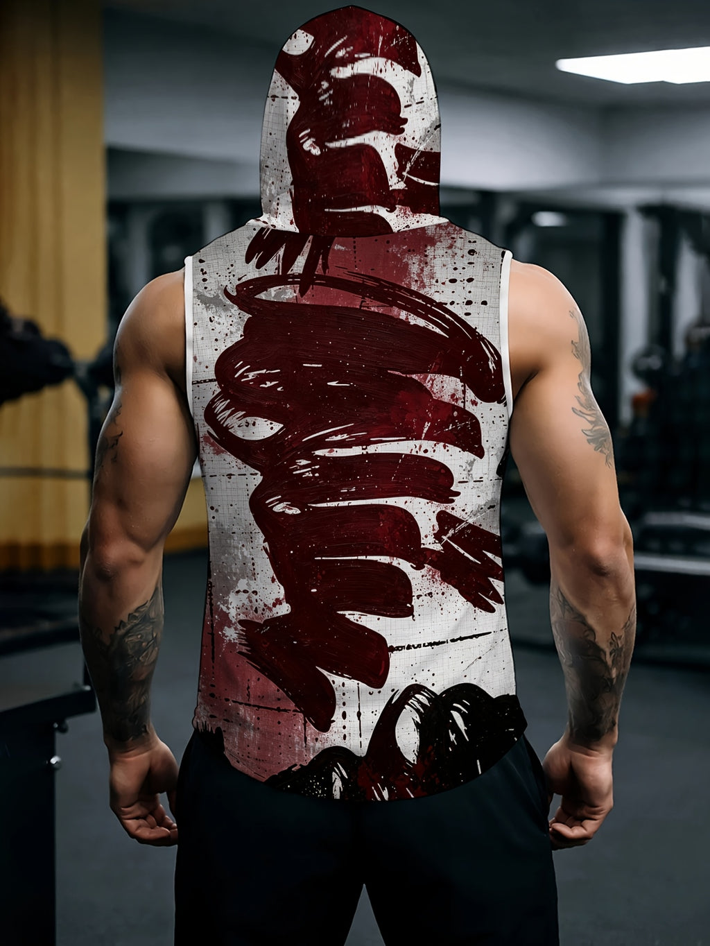 Men'S Hooded Sleeveless Top Black And White Ink Splash Print Sports Fitness Vest Daily Casual Trendy Versatile Breathable Comfortable Slim Fit for Workout Gym Training