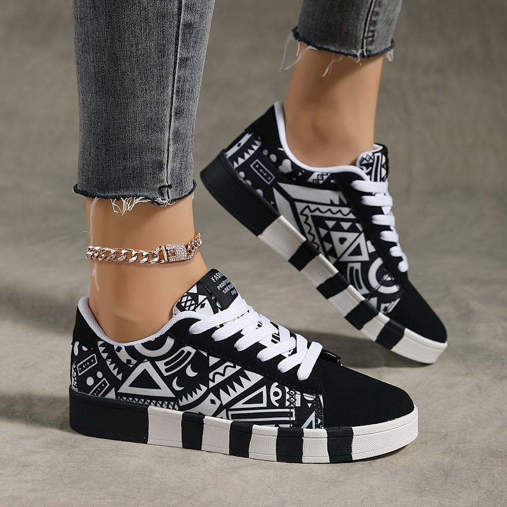 YAMEPP Women's Low-Top Sneakers with Round Toe & Geometric Skate Shoes - - Lace-Up Casual Athletic Wear, Sole for Hiking, Skateboarding & Everyday - -Terrain Versatile Footwear (Hand Washable), Women Shoes