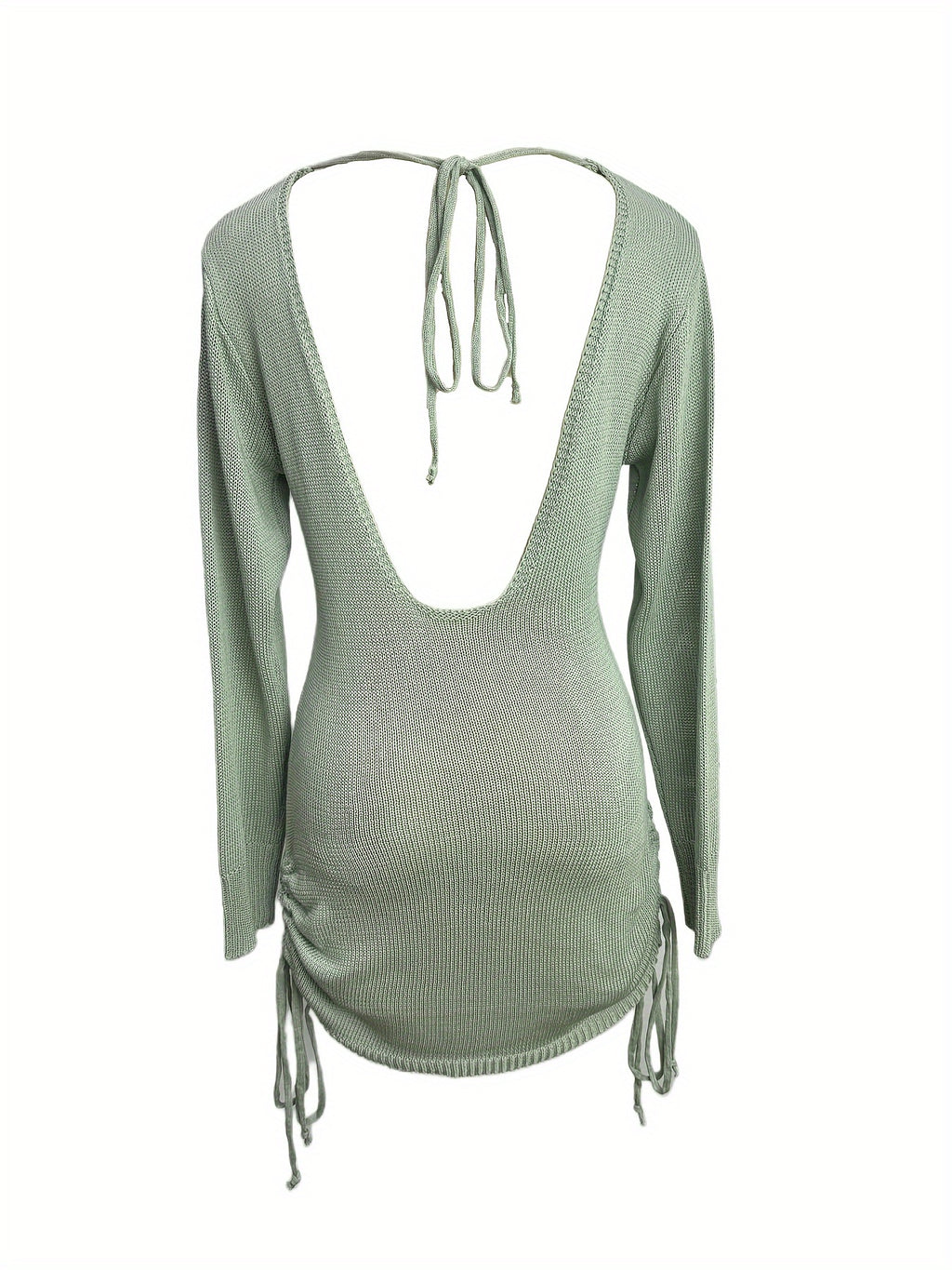 Solid Color Open-neck Sweater Dress, Elegant Backless Long Sleeve Drawstring Hem Wrap Skirt