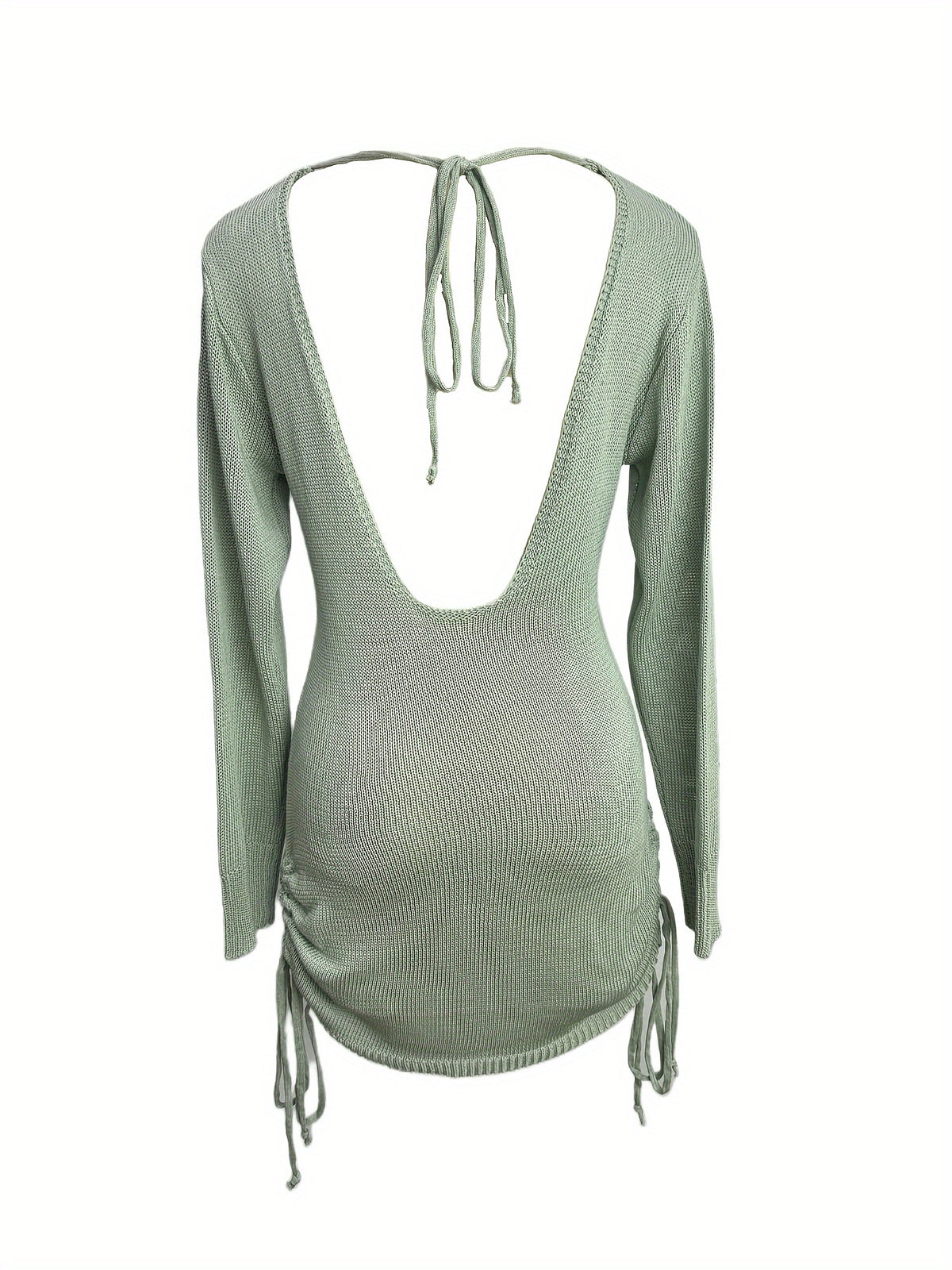 Solid Color Open-neck Sweater Dress, Elegant Backless Long Sleeve Drawstring Hem Wrap Skirt