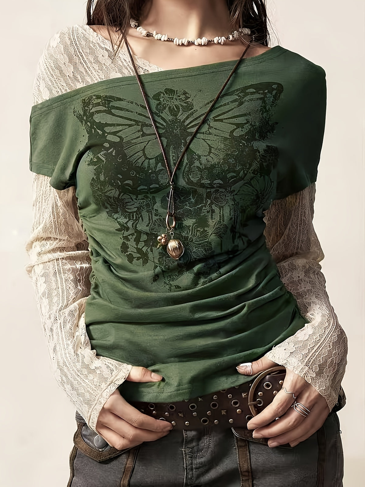Fashionable Casual Stretchy Lace Patchwork Printed Faux Two-Piece Long Sleeve T-Shirt