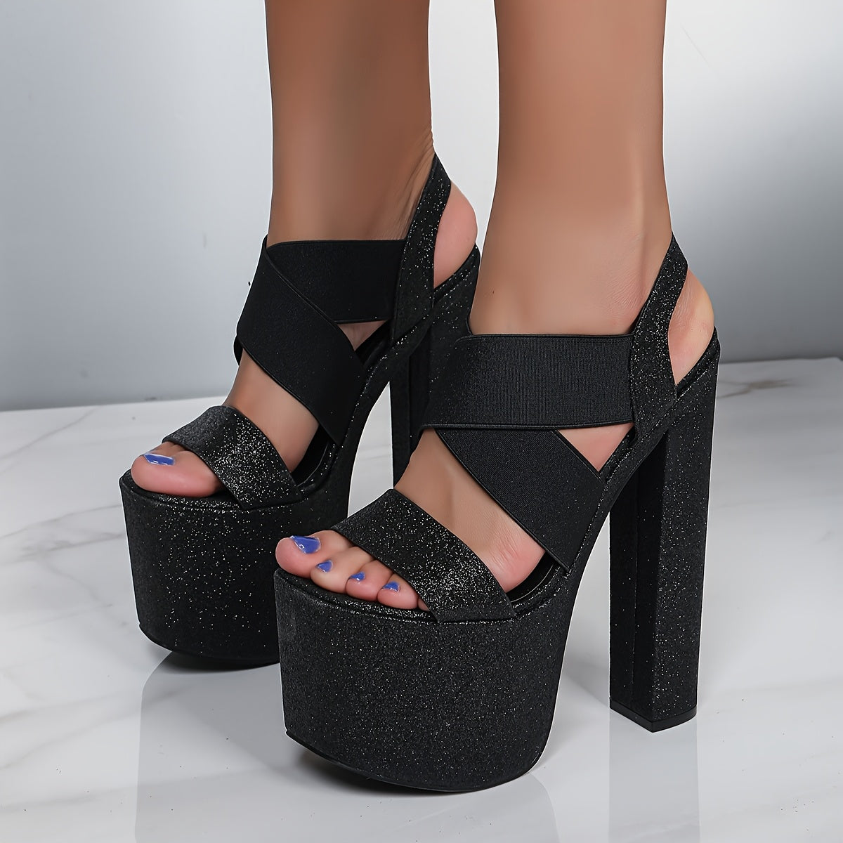 7.48inch High Chunky Heel with Elastic Bands, Slip-Resistant And Durable, Perfect for Fashion Runway Shows, Model Events, And Parties, Offering Comfort And Versatility., Women Shoes
