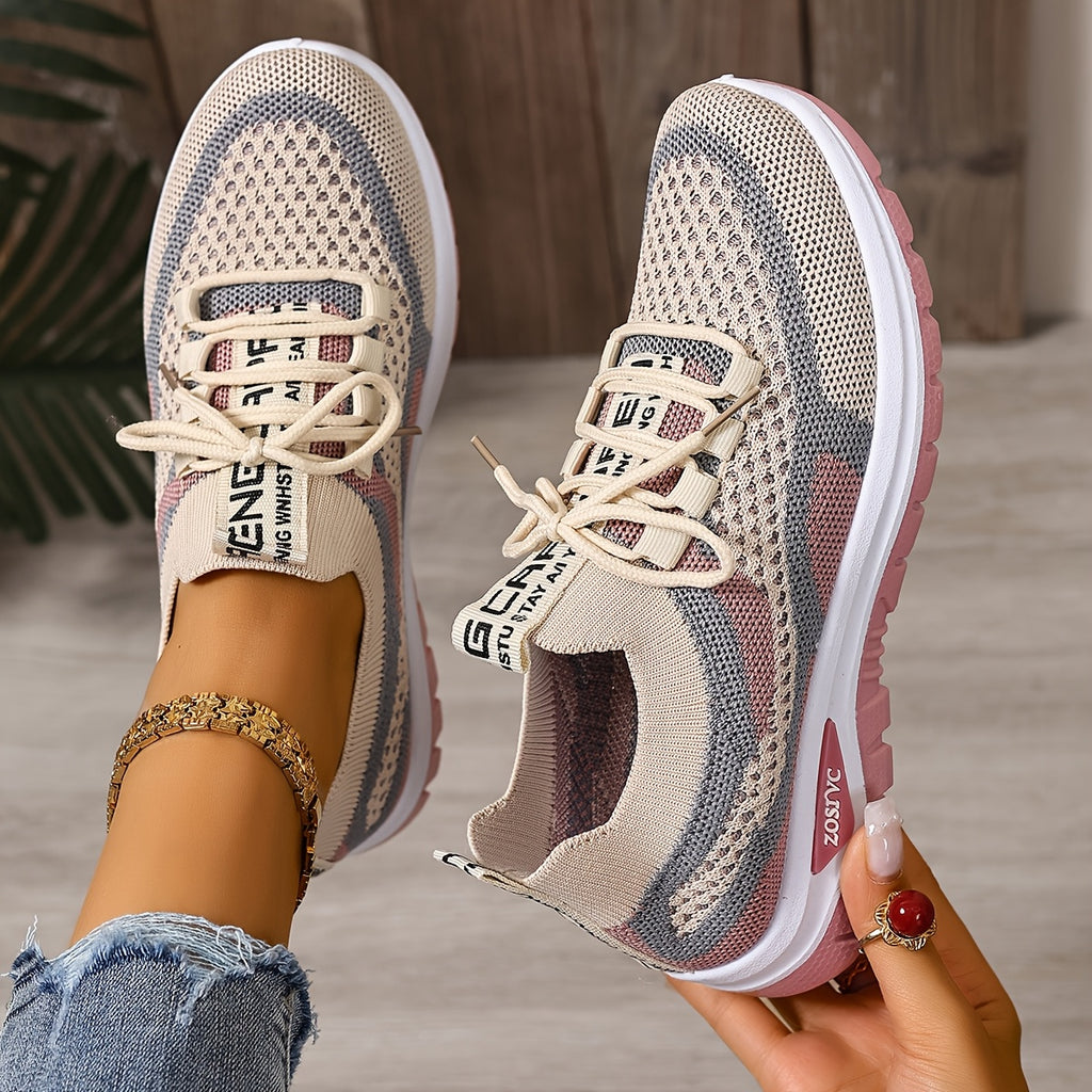 Women'S Lightweight Breathable White Sneakers - Comfortable Low-Top Lace-Up Casual Walking Shoes with Color-Block Design, Suitable for Outdoor Travel And All-Day Wear, All-Season Footwear | Fashion Contrast Design | Soft Rubber Sole, Women Shoes