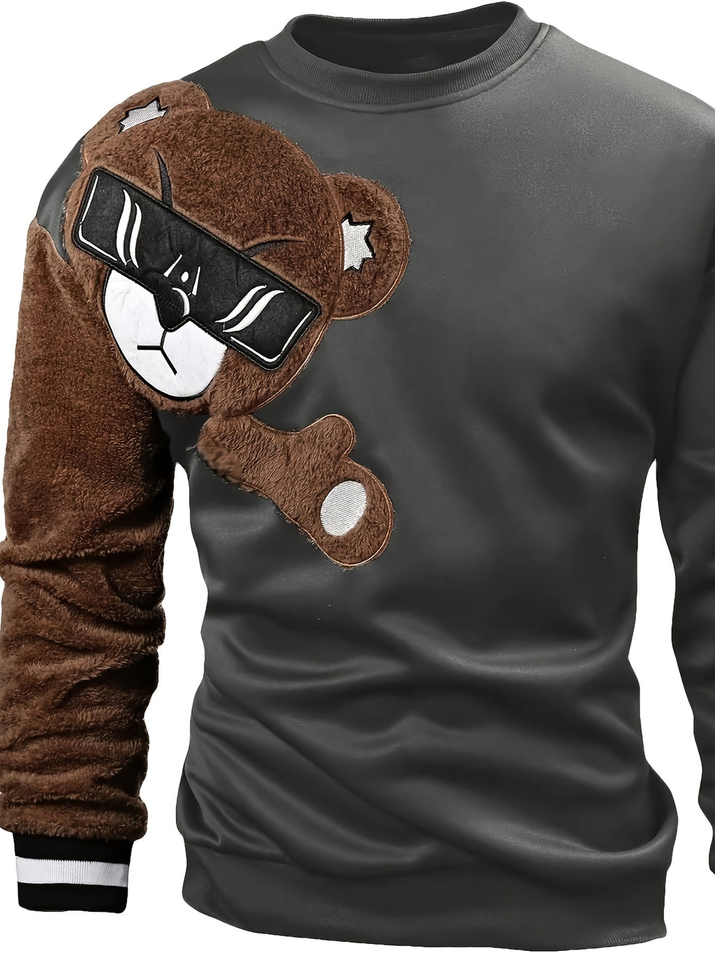 Men'S Fashion Cartoon Bear Long Sleeve Pullover Creative Plush Spliced Casual Sweatshirt
