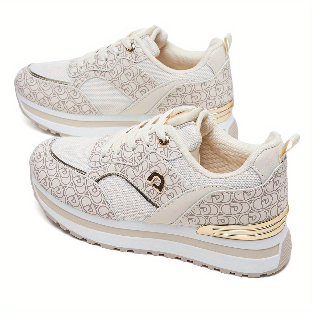 Desai Women's Sneakers with Letter Pattern Design, Platform Sole Fashion Shoes, Student Thick-Soled Running Shoes, Round Toe Lace-Up Low-Top Sneakers, Women Shoes