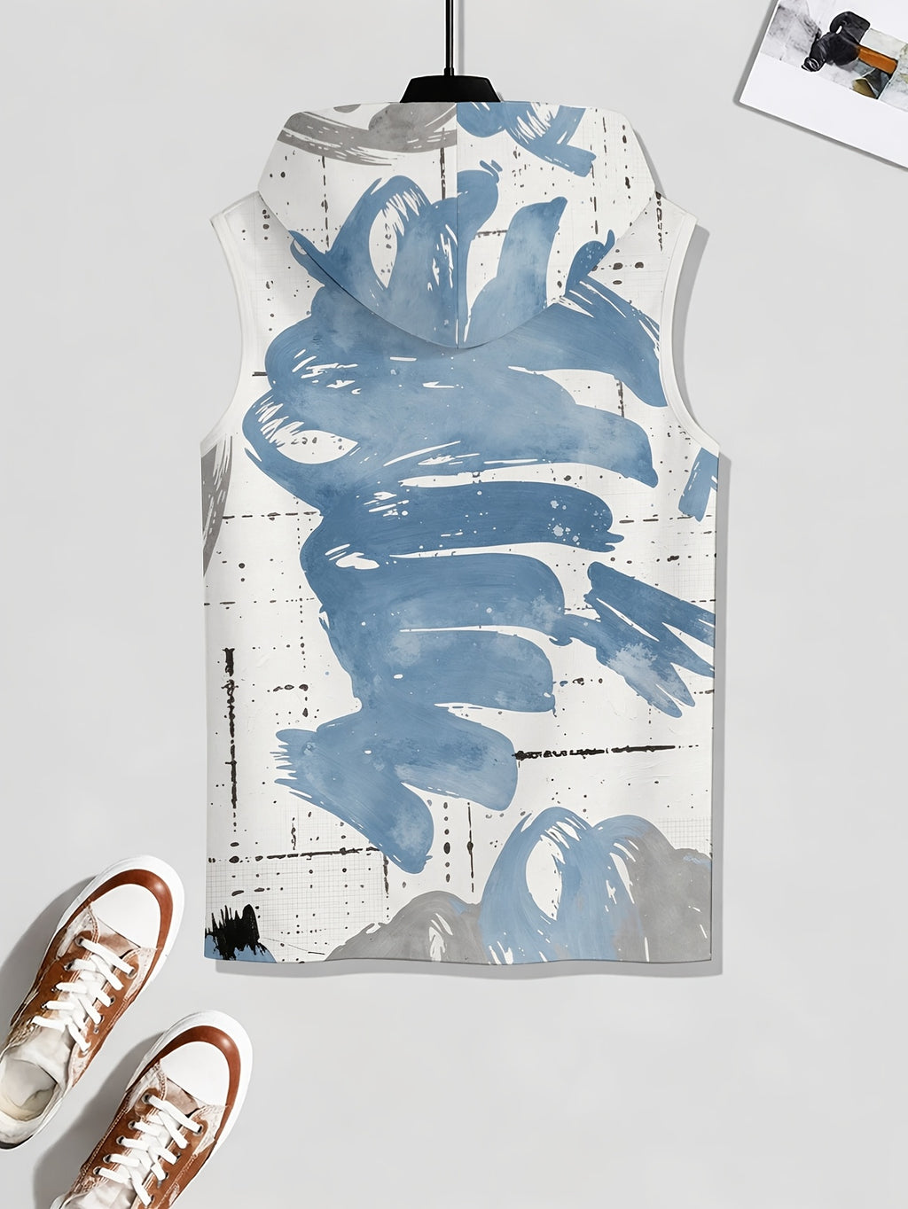 Men'S Hooded Sleeveless Top Black And White Ink Splash Print Sports Fitness Vest Daily Casual Trendy Versatile Breathable Comfortable Slim Fit for Workout Gym Training