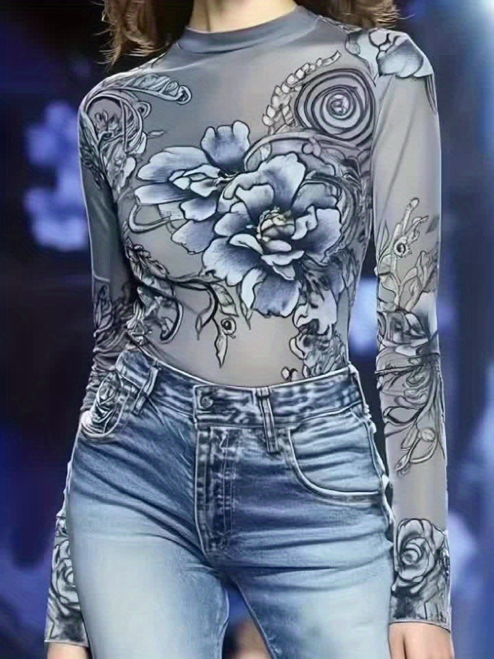 Women'S Long-Sleeved Tight Top, Elegant And Sexy Long-Sleeved Round Neck Blue Floral Print T-Shirt Top