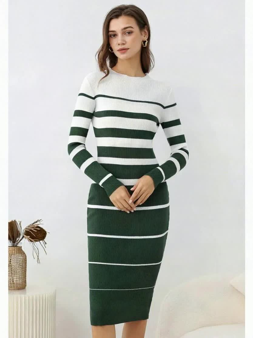 Stylish Commuter Casual Slim Fit Sweater Dress with Round Neck, Long Sleeves and Hip-Hugging Design in Striped Contrast for All Seasons