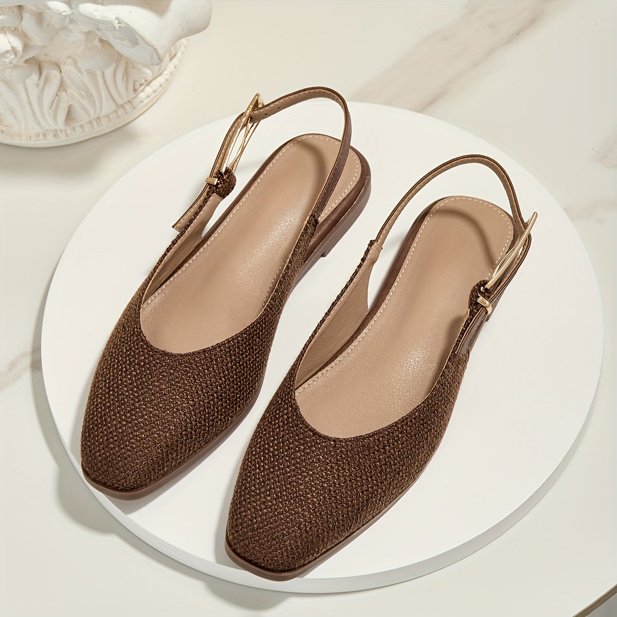 Brown Apricot Linen Square Toe Soft Sole, Shallow Mouth Metal Buckle Women'S Flat Sandals, Women Shoes