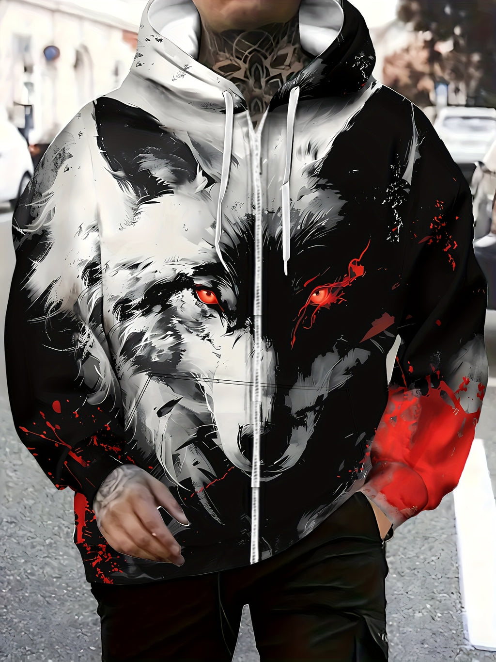 Men's Long-sleeve Zip-up Wolf Print Hooded Sweatshirt, Autumn/winter Casual Outdoor Jacket with Drawstring and Pockets