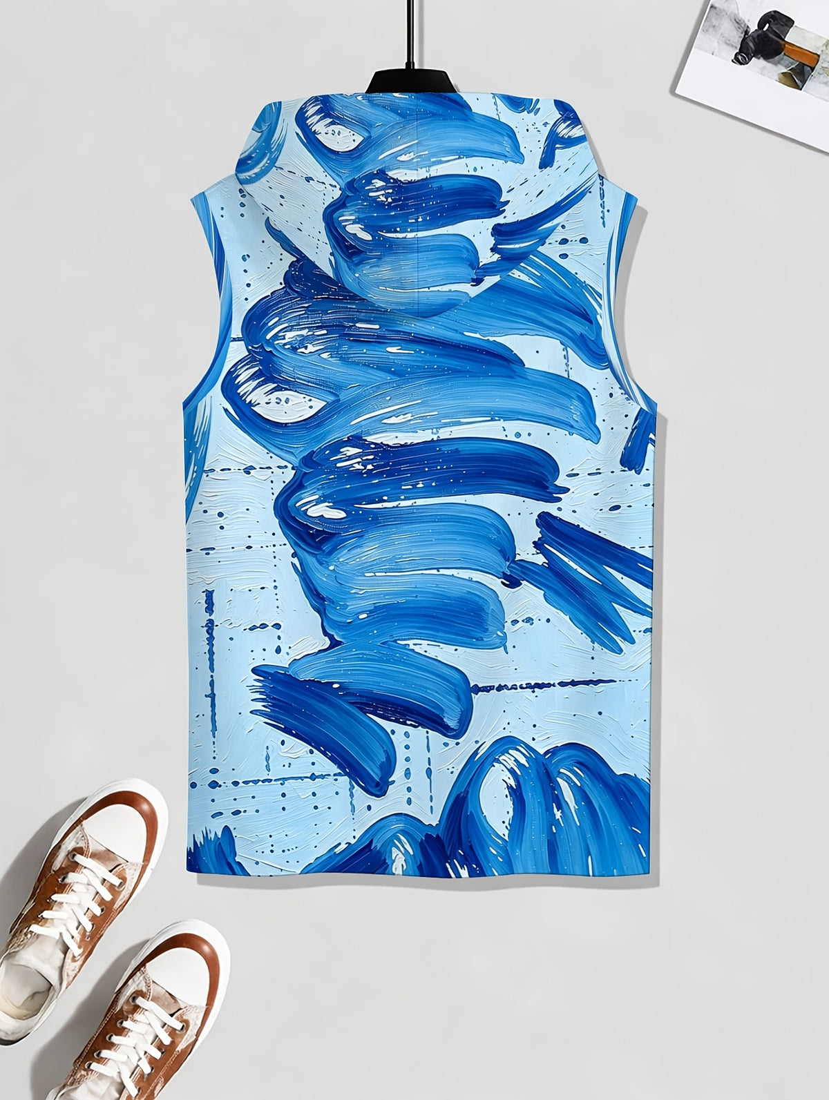 Men'S Hooded Sleeveless Top Black And White Ink Splash Print Sports Fitness Vest Daily Casual Trendy Versatile Breathable Comfortable Slim Fit for Workout Gym Training