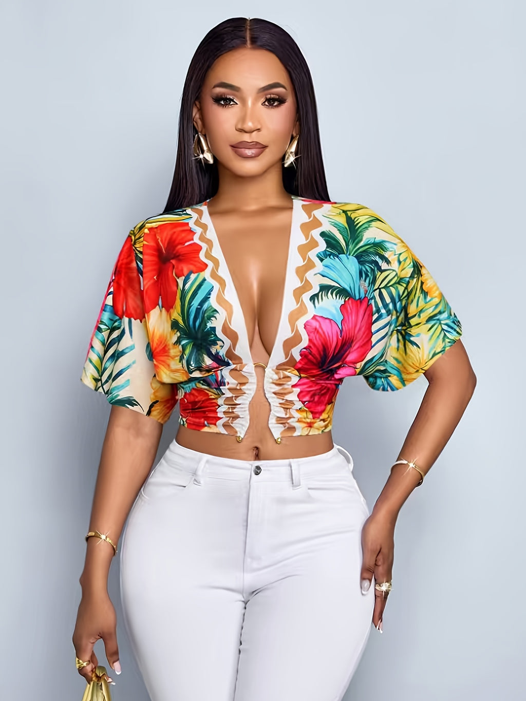 Women's Elegant Tropical Print Ruched Cut-Out Slim-Fit Metal Ring Buckle Short Sleeve T-Shirt, Crop Top V-Neck Summer Top, Suitable for Beach Vacations