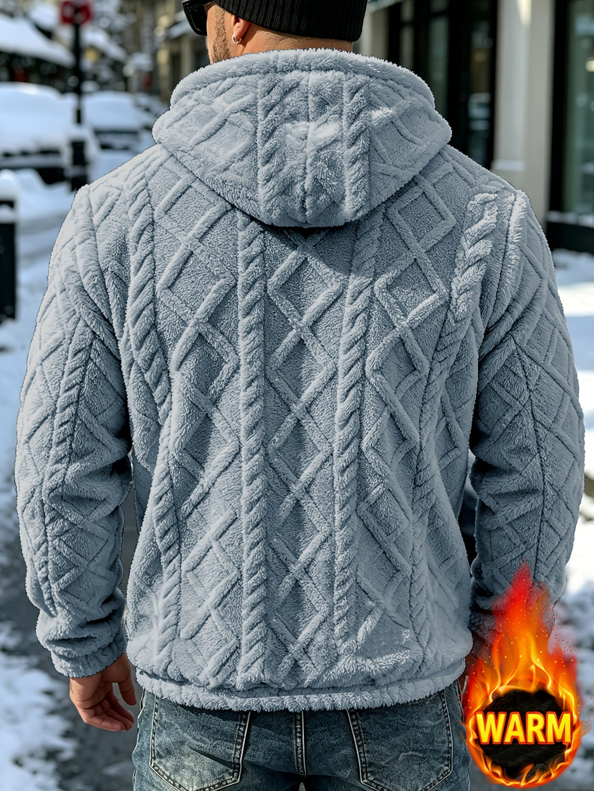Men's Winter Casual -Lined Warm Hooded Sweatshirt, Soft Pullover with Large Pocket, Cable Knit Texture, Loose Fit, Suitable for Travel, Vacation, Outdoor, Streetwear, Daily Commuting, and as a Gift Option