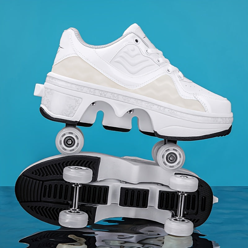 Women'S Casual Sneakers, Lightweight Roller Skates, with Removable Wheels, Suitable for And, Four Seasons Outdoor Fun, Durable PU Material, Women Shoes