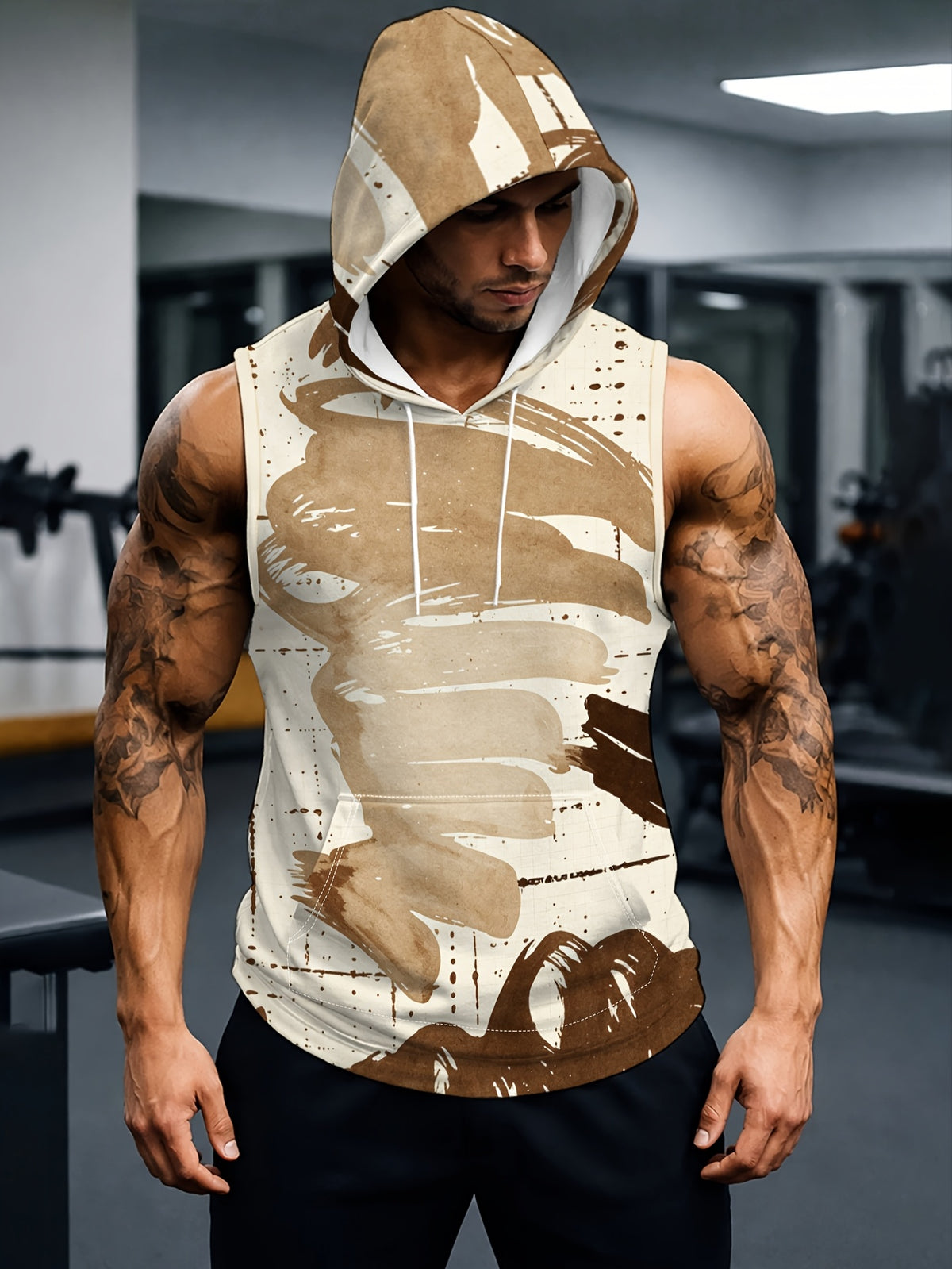 Men'S Hooded Sleeveless Top Black And White Ink Splash Print Sports Fitness Vest Daily Casual Trendy Versatile Breathable Comfortable Slim Fit for Workout Gym Training
