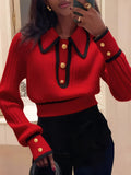 Women's Pullover Sweater for Autumn/Winter, Can Be Worn as an Inner or Outer Layer, Comfortable, Elegant, and Features a Spicy Design with a Spliced Lapel and Exquisite Metal Buttons. Suitable for Commuting, Dates, and Valentine's Day