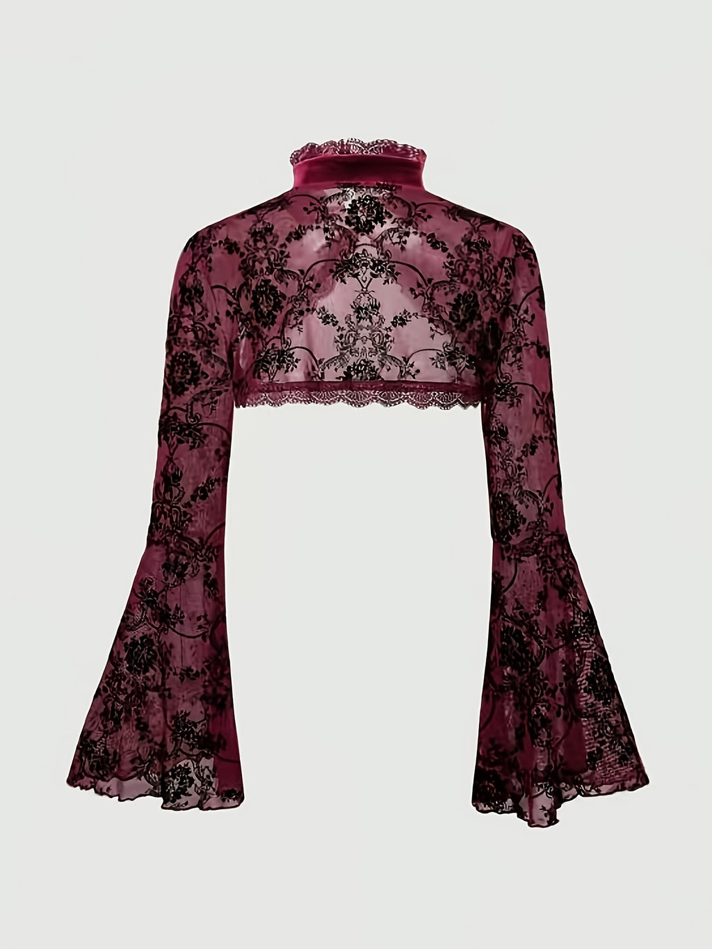 [Black Velvet Shirt] Women's Black Velvet High-Neck Bell Sleeve Short Outer Decorative Shirt