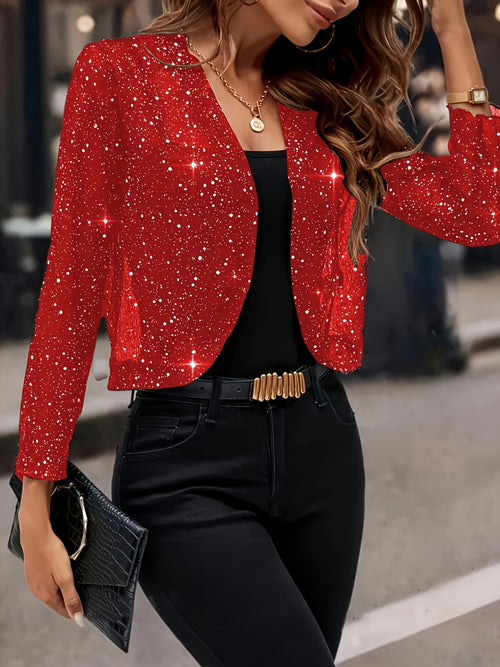 Elegant Women's Silvery-Glitter Open-Front Cardigan Jacket • Long Sleeve • Front Open • Solid Color • Silvery-Glitter • Polyester Blend • Perfect for Casual or Evening Wear