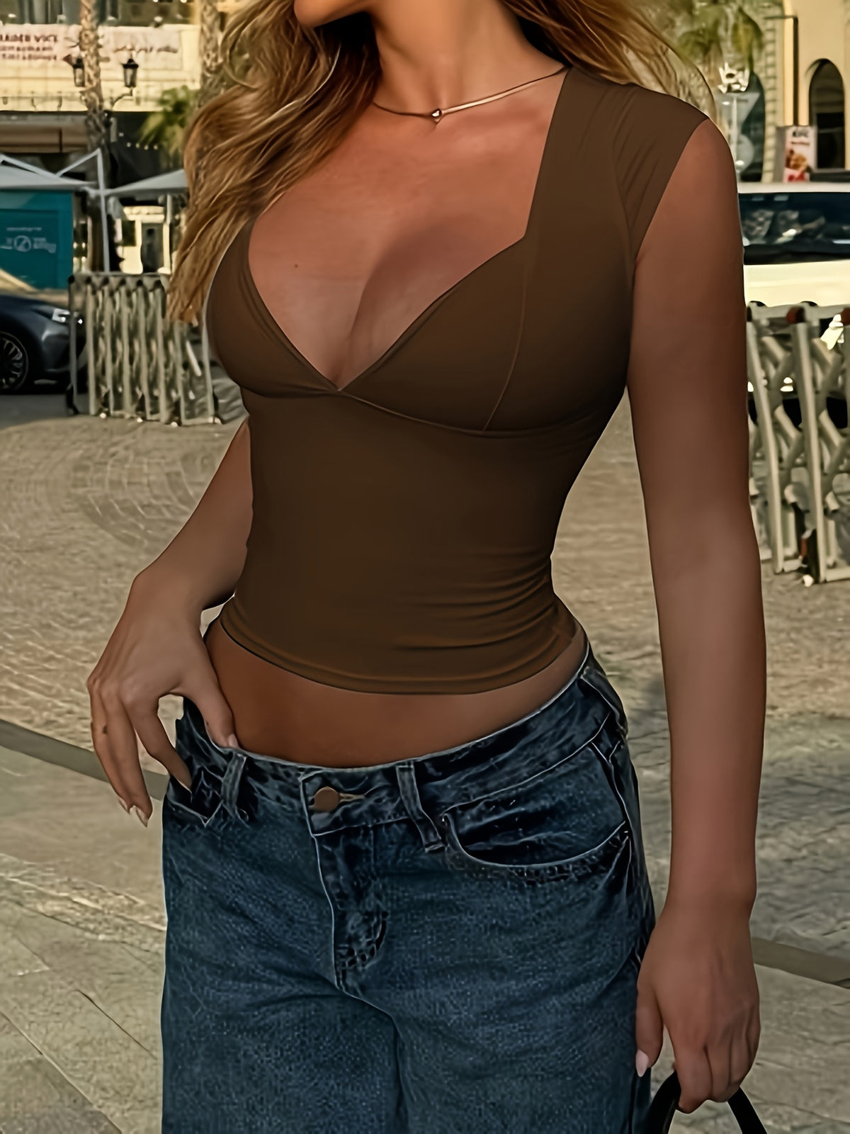 Women's Wide-Shoulder Deep V-Neck Camisole, Stretchy and Fitted, European and American Style, Suitable for Layering or Wearing Alone