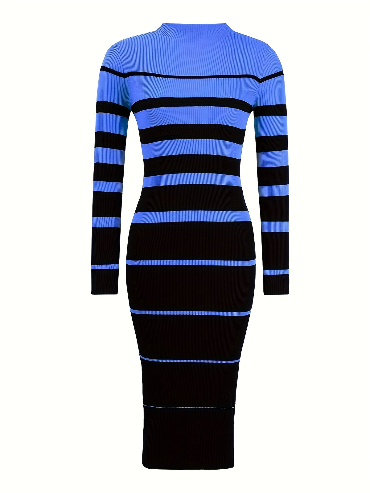 Stylish Commuter Casual Slim Fit Sweater Dress with Round Neck, Long Sleeves and Hip-Hugging Design in Striped Contrast for All Seasons