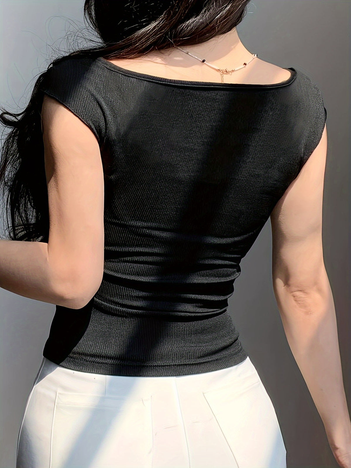 Lin Zuojia Women's Bow Strap Backless T-Shirt - Short Sleeve Round Neck Bow Accent Top, Medium Stretch Fitted Blouse for Spring Summer Fall Layering, Solid Color Casual Wear, Machine Washable Backless Shirt
