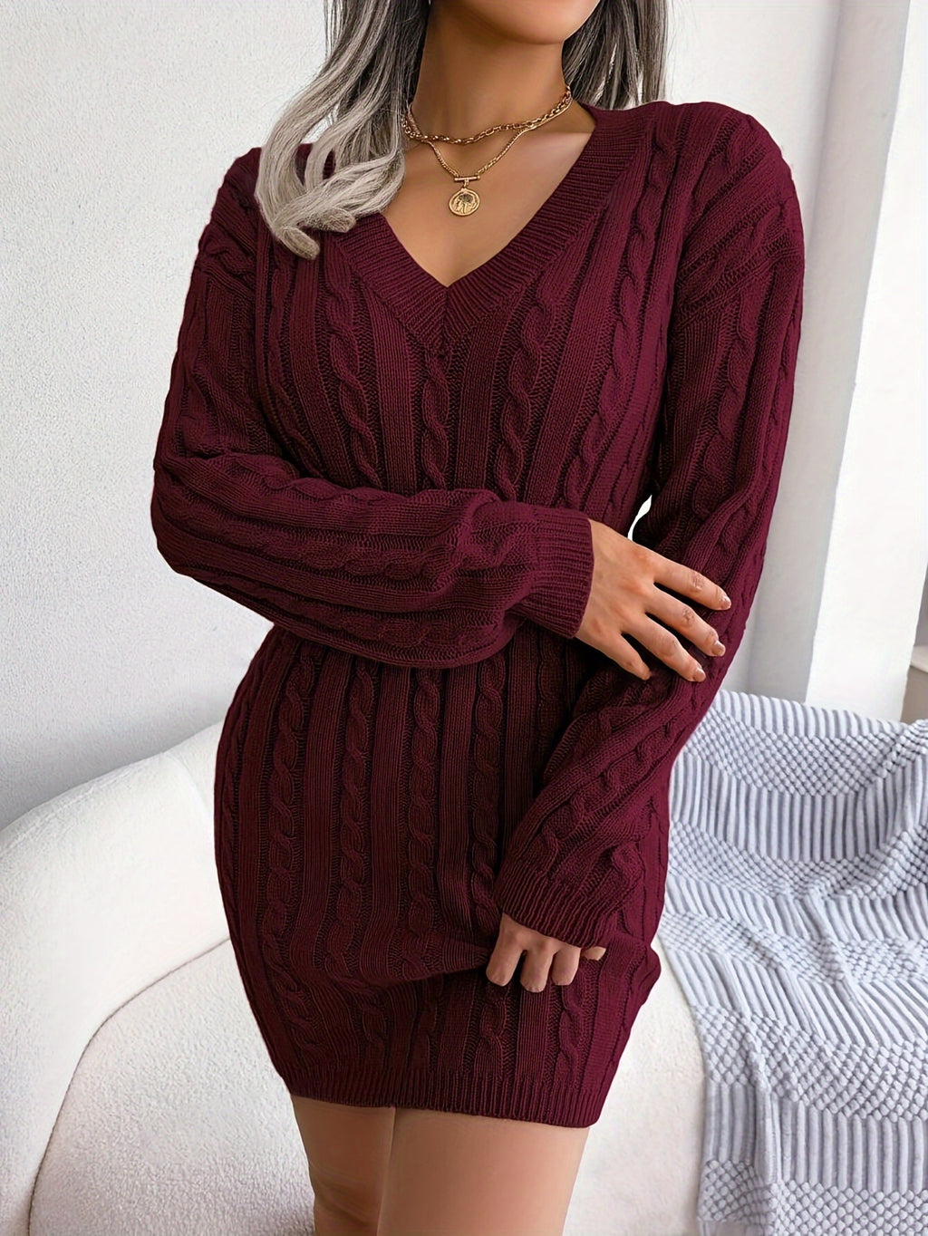 Women'S Directional Cable Sweater Dress Solid Off-Shoulder Sleeve