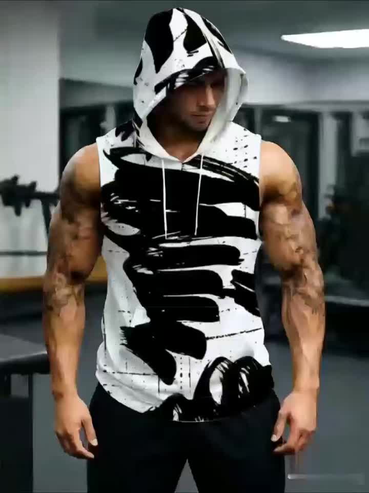 Men'S Hooded Sleeveless Top Black And White Ink Splash Print Sports Fitness Vest Daily Casual Trendy Versatile Breathable Comfortable Slim Fit for Workout Gym Training