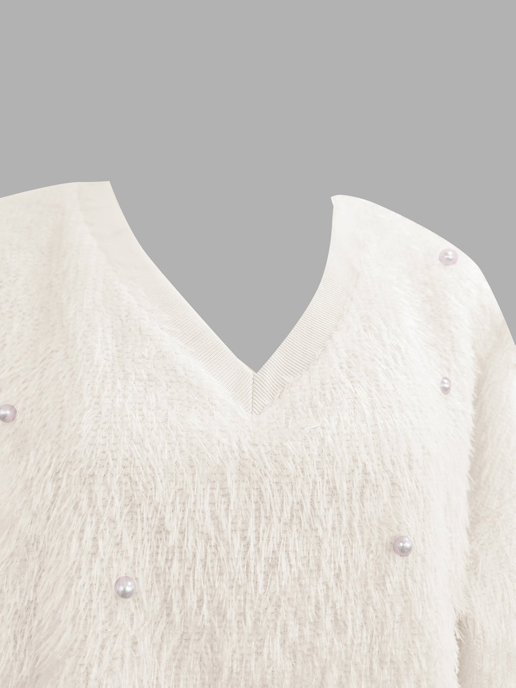 Fashion Solid Color V-Neck Beaded Pullover Casual Loose Long Sleeve Top