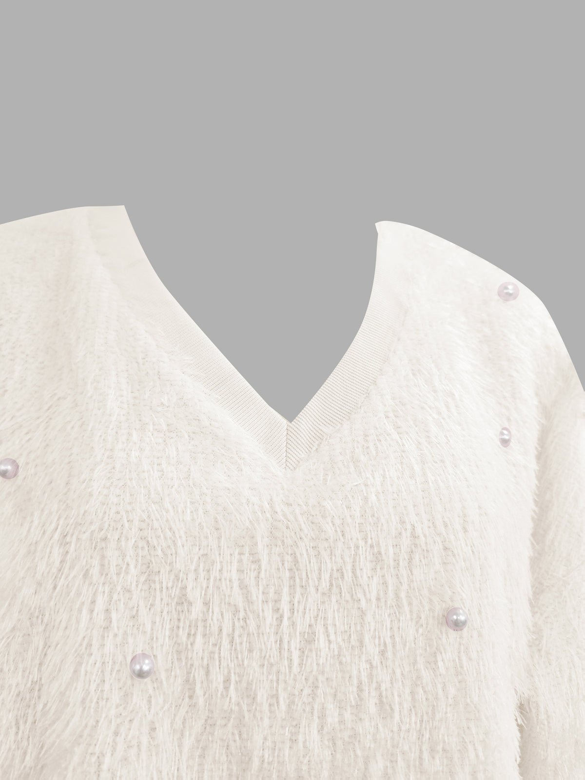 Fashion Solid Color V-Neck Beaded Pullover Casual Loose Long Sleeve Top