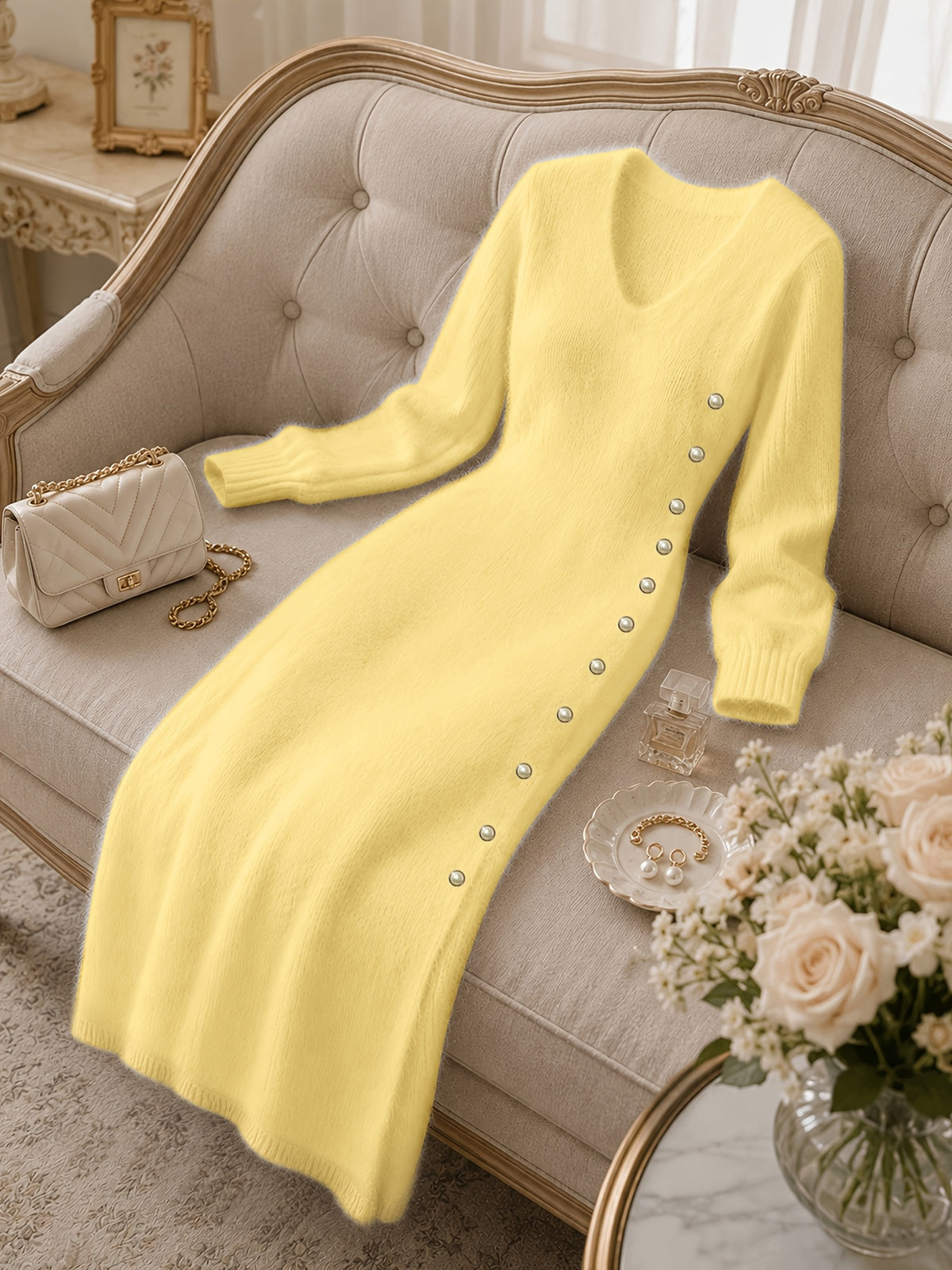 Women's Casual Plush Maxi Dress, V-Neck Long Sleeve Button Front Split Sweater Dress, Versatile for Autumn/Winter Daily Commuting, Soft and Comfortable Fabric, Christmas Style, Suitable for Party Outfits and Banquet Attire