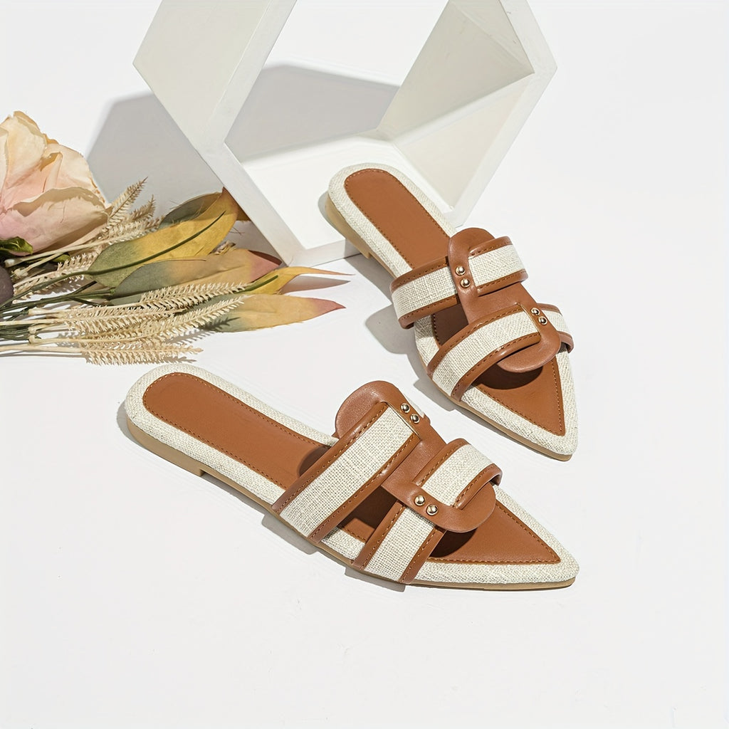 Women's Casual Pointed Toe Linen Flat Sandals with Single Strap for Travel and Vacation, Women Shoes