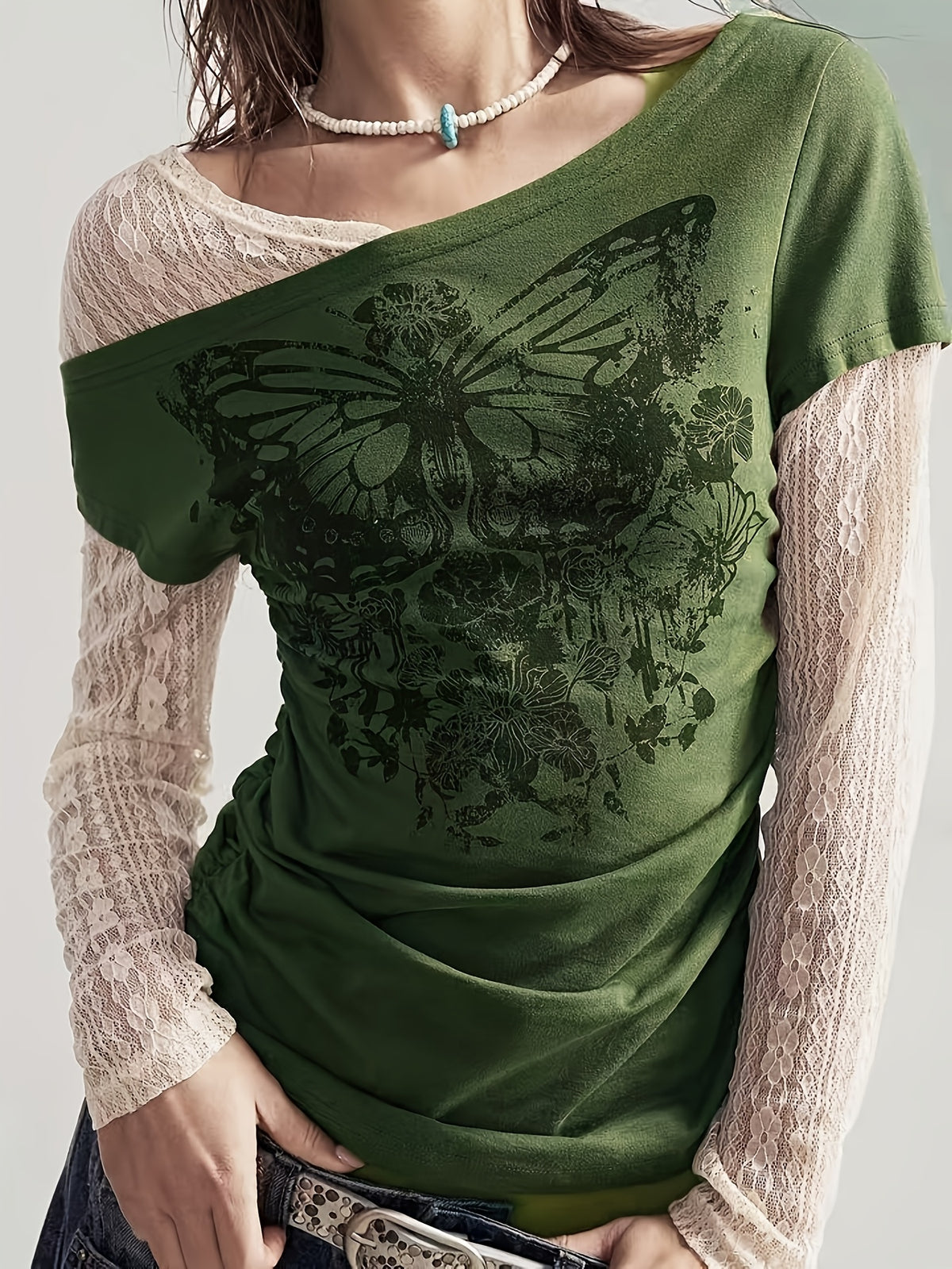 Fashionable Casual Stretchy Lace Patchwork Printed Faux Two-Piece Long Sleeve T-Shirt