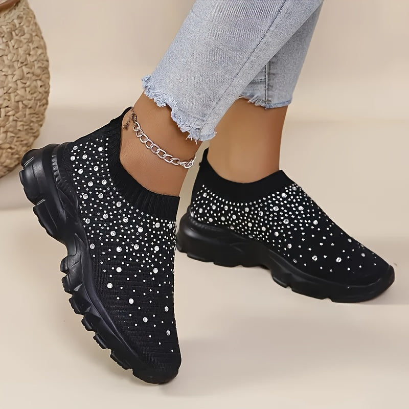 [Stretch Socks Sneakers] Women's Stretch Socks Shoes with Rhinestone Embellishments, Low-Top Knit Sneakers, Breathable Walking Sneakers with EVA Soft Soles, Women Shoes Elegant Women Shoes Classy Lady Shoes