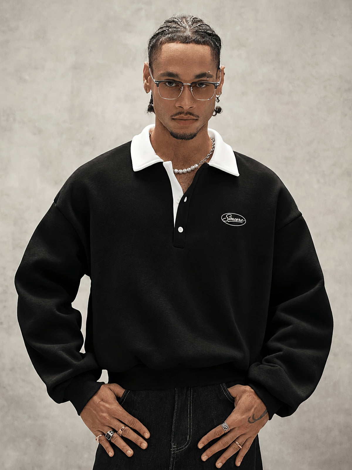 Men'S Loose Minimalist Urban Style Color-Block Polo Neck Sweatshirt, Soft Fabric Half-Button Letter Long Sleeve Pullover Top, Casual Commute City Leisure Wear