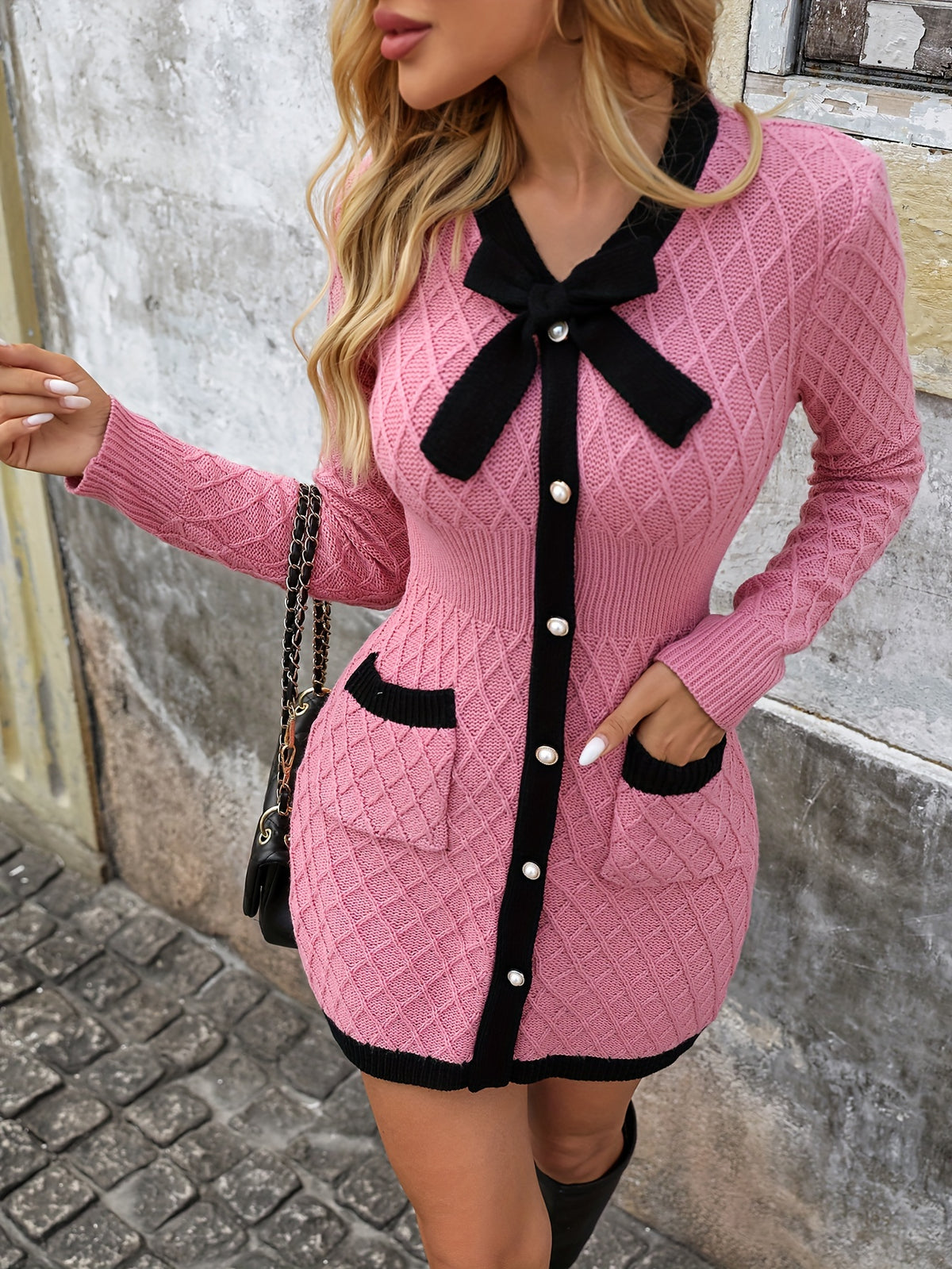 Fall Winter Directional And Little Fragrance Style Bow Texture Checkered Dress