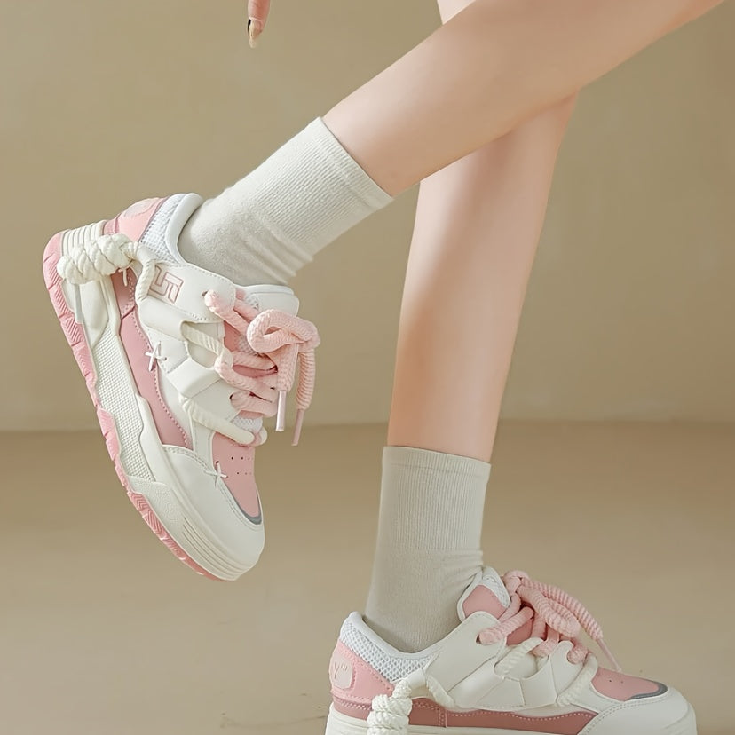 Women'S Niche Design Thick Shoelaces Student Cute Pink Bread Shoes Women'S Ugly Cute Leatherette Girly Thick Sole Height Increasing Sneakers, Women Shoes