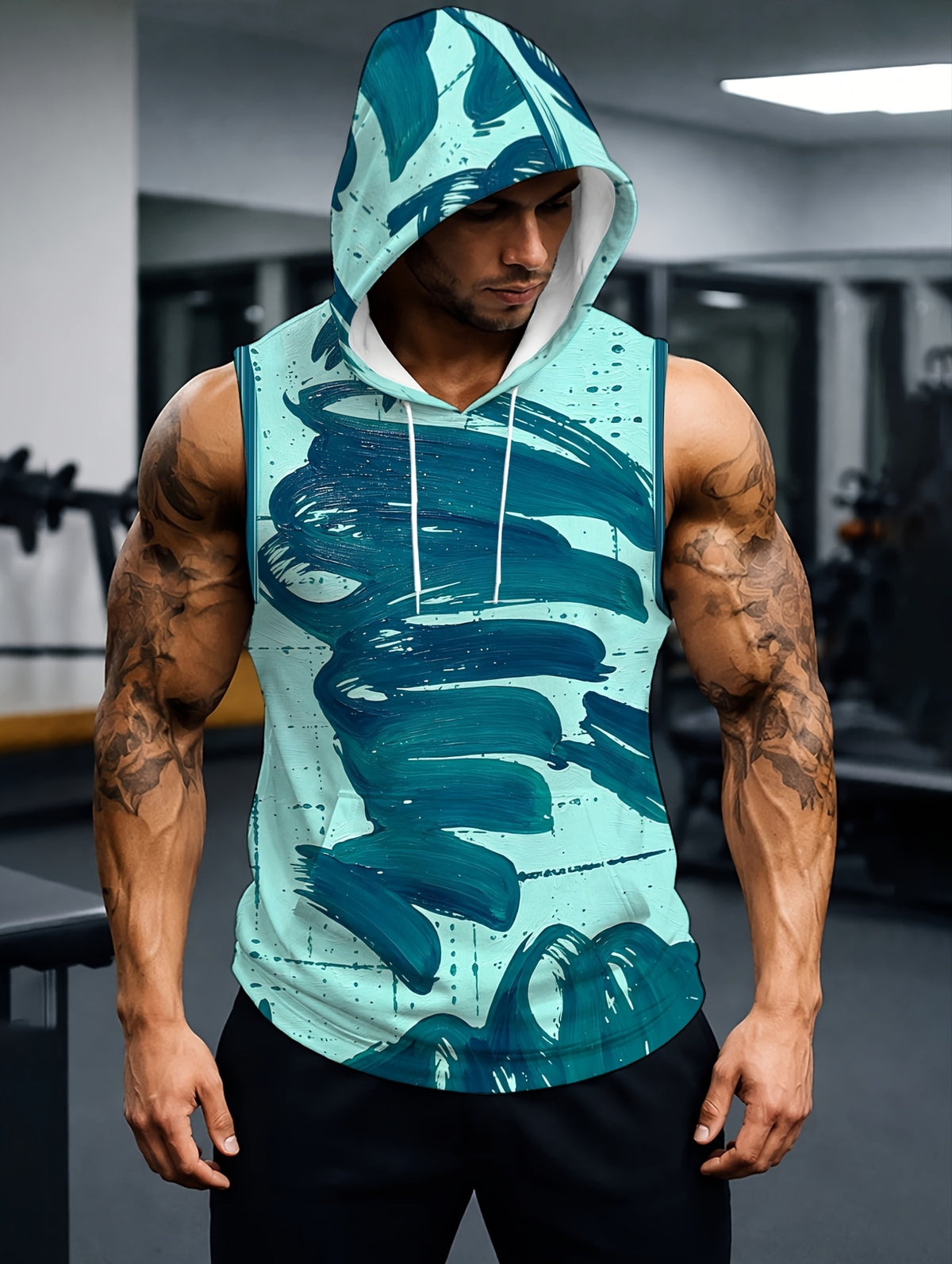 Men'S Hooded Sleeveless Top Black And White Ink Splash Print Sports Fitness Vest Daily Casual Trendy Versatile Breathable Comfortable Slim Fit for Workout Gym Training