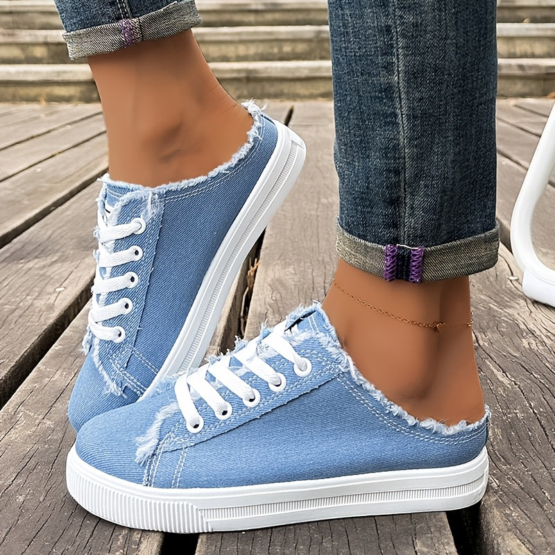 Frayed Flat Shoes Worn Tie Breathable Retro Casual Half Street Trend, Women Shoes, Sneakers